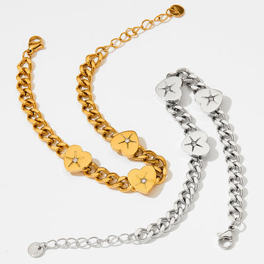 18K gold trendy and fashionable heart-set diamond and Cuban chain design bracelet - QH Clothing