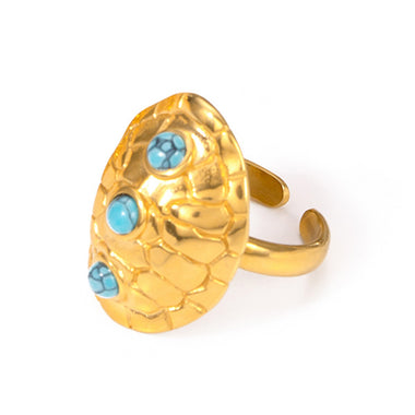 18k gold noble and elegant tortoise shell inlaid turquoise design open ring - QH Clothing