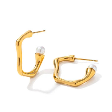 18K Gold Abstract Line Art with Pearl Earrings - QH Clothing