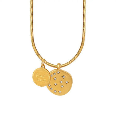 18K Gold "GOOD LUCK" Pendant Necklace with Irregular Round Zircon Design - QH Clothing