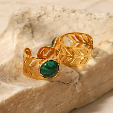 18K Gold Green Malachite Leaf Open Ring - QH Clothing