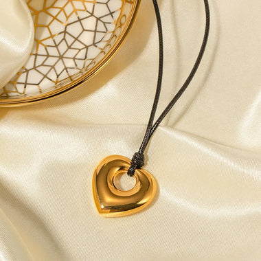 18K Gold Heart Pendant Necklace with Black Wax Rope - QH Clothing