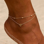 18K Gold Heart Pendant with Oval Bead Double Layer Anklet - QH Clothing