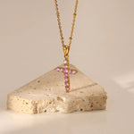 18K Gold Pink Zircon Cross Necklace - QH Clothing