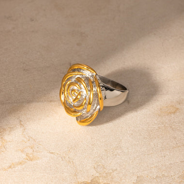 18k gold exquisite and noble flower with gold and silver color matching design ring - QH Clothing