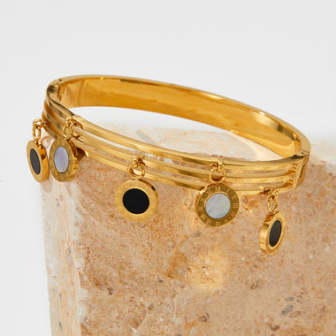 18K gold trendy and personalized three-layer hollow and round Roman numeral design bracelet - QH Clothing