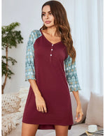 Autumn Winter Color Contrast Patchwork Nightdress Women Slim-Fit Home Wear V-neck Long Sleeve Christmas Nightdress - Quality Home Clothing| Beauty
