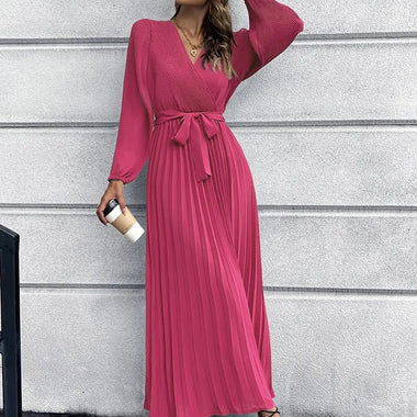 Autumn Winter Women V neck Long Sleeve Pleated A line  Mid Length Dress - Quality Home Clothing| Beauty