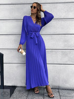 Autumn Winter Women V neck Long Sleeve Pleated A line  Mid Length Dress - Quality Home Clothing| Beauty