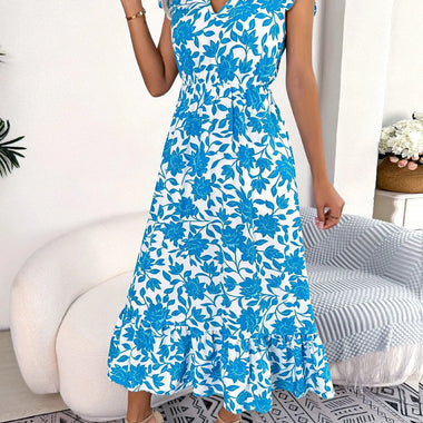 Spring Summer Casual Wooden Ear Floral Waist Slimming Maxi Dress Holiday Dress Women Clothing - Quality Home Clothing| Beauty
