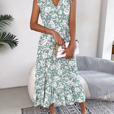 Spring Summer Casual Wooden Ear Floral Waist Slimming Maxi Dress Holiday Dress Women Clothing - Quality Home Clothing| Beauty