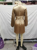 Winter Golden V neck Crumpled Waist Controlled Slimming Long Sleeve Dress Women  Dress - Quality Home Clothing| Beauty