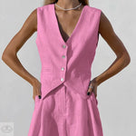 Design Cotton Linen Suit Vest Suit Women Summer Casual Sleeveless Tank Top Shorts Two Piece Suit - Quality Home Clothing| Beauty