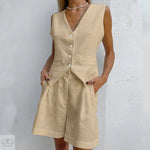 Design Cotton Linen Suit Vest Suit Women Summer Casual Sleeveless Tank Top Shorts Two Piece Suit - Quality Home Clothing| Beauty