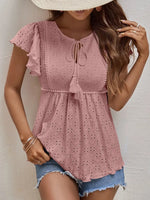 Women Clothing Spring Summer Women Solid Color Jacquard Ruffle Sleeve Elegant T Shirt Top - Quality Home Clothing| Beauty