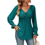 Fall Arrival Women Clothing V Neck Drawstring Girdle Sexy Long Sleeve Solid Color T Shirt - Quality Home Clothing| Beauty