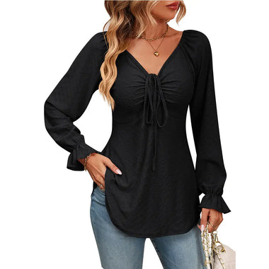 Fall Arrival Women Clothing V Neck Drawstring Girdle Sexy Long Sleeve Solid Color T Shirt - Quality Home Clothing| Beauty