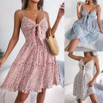 Spring Summer Floral Bow V-neck Ruffled Large Swing Dress Holiday Cami Dress Women Clothing - Quality Home Clothing| Beauty