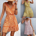 Spring Summer V-neck Lace-up Ruffled Floral Strap Dress - Quality Home Clothing| Beauty