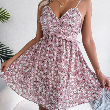 Spring Summer Floral V-neck Ruffled Large Swing Dress Holiday Cami Dress Women Clothing - Quality Home Clothing| Beauty