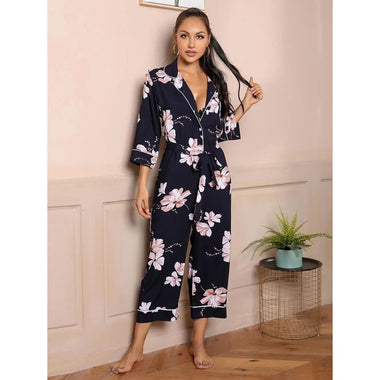 ​Floral Viscose Lounge Jumpsuit with Belt -  QH Clothing