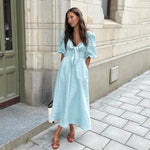 Summer French Elegant Dress Sexy Low Cut V neck Puff Sleeve High Waist Cotton Linen Dress - Quality Home Clothing| Beauty