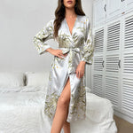 Ice Silk Pajamas Women Hotel Bathroom Lace Bathrobe Summer Breathable Thin Cherry Print Long Sleeve Nightgown - Quality Home Clothing| Beauty