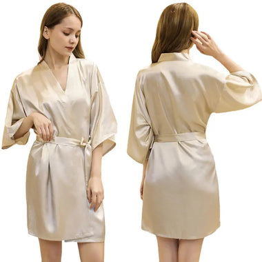 Ladies Robe Artificial Silk Satin Kimono Gown Glossy Solid Color Thin Cardigan Gown Summer Sexy Short Bathrobe - Quality Home Clothing| Beauty