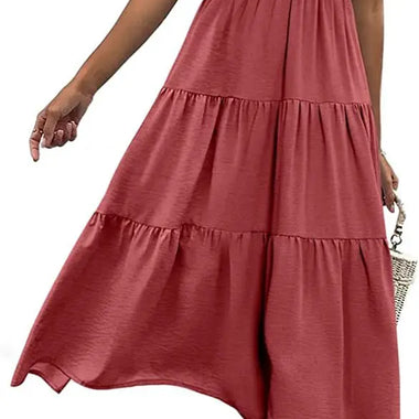 Summer Women Clothing V Neck Pleated Hem Layered Short Sleeve Dress - Quality Home Clothing| Beauty