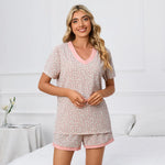 ​Leopard Print Pajama Set with Short Sleeve Top and Polka Dot Button Shorts -  QH Clothing