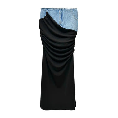 Modern Deconstruction High Waist Skirt Women Spring Black Color Pleats Stitching Design Long Denim Skirt - Quality Home Clothing| Beauty