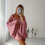 Sexy Artificial Silk Bell Sleeve Pajamas Two Piece Set Long Sleeve Shorts Ladies Homewear - Quality Home Clothing| Beauty