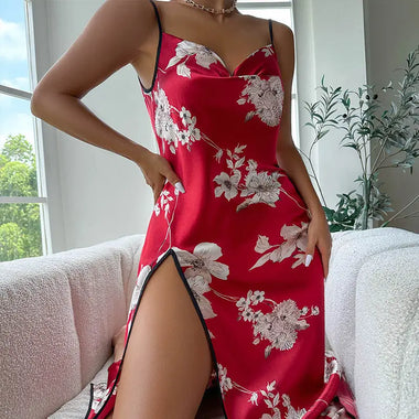 Sexy Print Suspender Summer Thin Breathable Imitated Silk Pajamas Women Backless Slit Slip Nightdress - Quality Home Clothing| Beauty