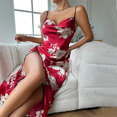 Sexy Print Suspender Summer Thin Breathable Imitated Silk Pajamas Women Backless Slit Slip Nightdress - Quality Home Clothing| Beauty