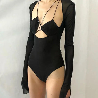 Sexy Slim Fit Solid Color Long Sleeve Stitching Hollow Out Cutout Bodysuit - Quality Home Clothing| Beauty