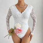 Sexy Solid Color Lace Long Sleeve Sexy See through Slim Fit Jumpsuit - Quality Home Clothing| Beauty