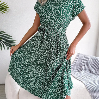 Spring Summer New Casual Short Sleeve Floral Large Hem Pleated   Women Clothing - Quality Home Clothing| Beauty