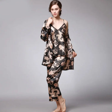 Silk Pajamas Women Spring Summer Dragon Robe Printed Silk Home Wear Three-Piece Suit satin pajamas satin sleepwear - Quality Home Clothing| Beauty