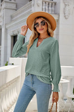 Solid Color Hollow Out Pleated Ruffle Sleeve V neck Loose Long Sleeve Top - Quality Home Clothing| Beauty