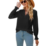 Solid Color Hollow Out Pleated Ruffle Sleeve V neck Loose Long Sleeve Top - Quality Home Clothing| Beauty