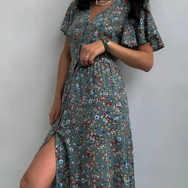 Spring Summer Mid-Sleeve Waist Split Floral Dress - Quality Home Clothing| Beauty