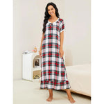 Spring Autumn Plaid Short-Sleeved Nightdress Women  Wear outside One Piece Homewear Clothing Night Dress - Quality Home Clothing| Beauty