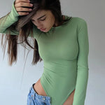 Spring Round Neck Long Sleeve Bottoming Skinny Solid Color Sexy Siamese Top Women - Quality Home Clothing| Beauty