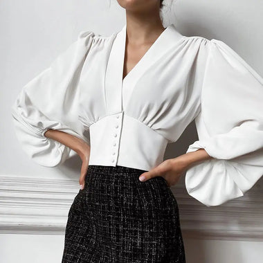 Spring Summer French V neck Women Shirt Court Elegant Lantern Slim fit Long Shirt Puff Sleeve - Quality Home Clothing| Beauty