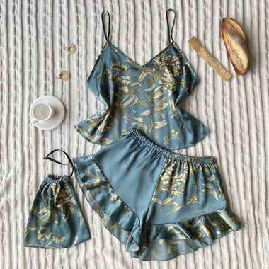 Spring Summer Imitated Silk Pajamas Two-Piece Printed Shorts Home Wear Suit Sexy Sling Dress - Quality Home Clothing| Beauty