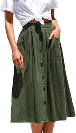 Spring Summer Skirt Casual Button A line Skirt High Waist Midi Skirt Women Clothing - Quality Home Clothing| Beauty