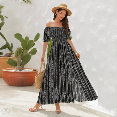 Spring Summer Vertical Stripes Floral Print Slit Waist Dress off Shoulder Short Sleeve Vacation Casual Dress - Quality Home Clothing| Beauty