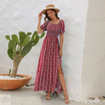 Spring Summer Vertical Stripes Floral Print Slit Waist Dress off Shoulder Short Sleeve Vacation Casual Dress - Quality Home Clothing| Beauty