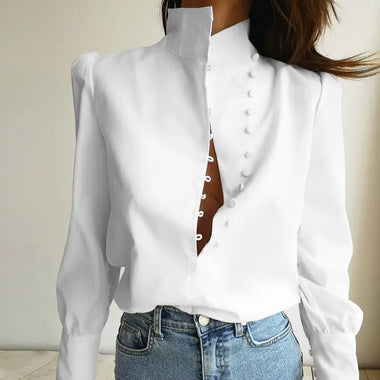 Stand Collar Long Sleeve Shirt Women Autumn Loose White Office Casual Shirt - Quality Home Clothing| Beauty