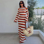Striped Contrast Color Beach Vacation Sexy Dress Knitted Hollow Out Cutout Maxi Dress Blouse Summer Women - Quality Home Clothing| Beauty